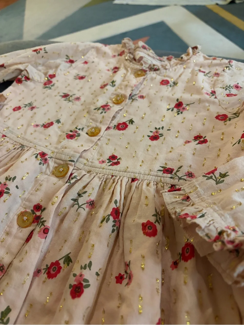 Pink Chicken Cream and Pink Floral Button-Front Dress with Gold Accents